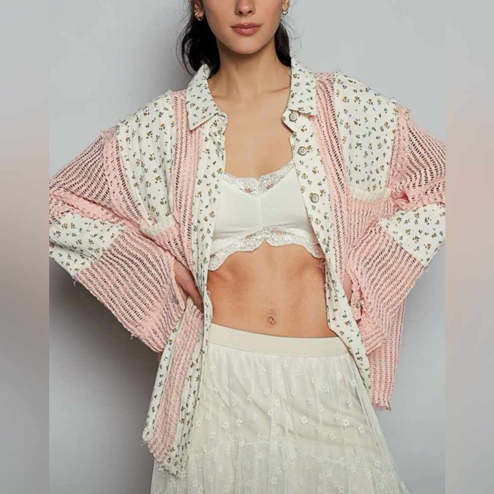 POL Floral Patchwork and Pink Crochet Blouse - Picture 2 of 5